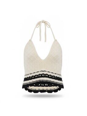 Sincerely Jules Womens Ivory & Black Crochet Halter Top Scallop Trim Size S